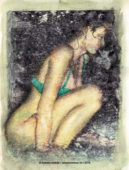 mujer desnuda sentada en playa erotica collage dibujo poesia subvertising contrapublicidad antonio beltran