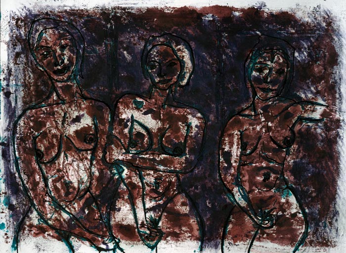 dibujo a tinta de tres desnudos femeninos