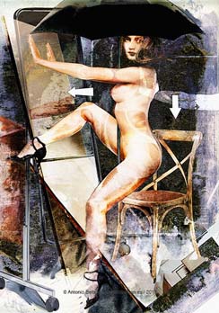 mujer desnuda silla paraguas erotica collage dibujo poesia arte antonio beltran
