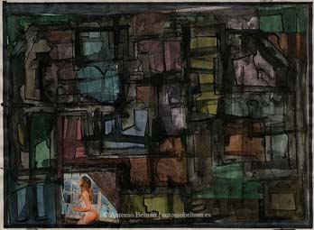 laberinto con mujer al fondo dibujo collage poesia erotica arte antonio beltran